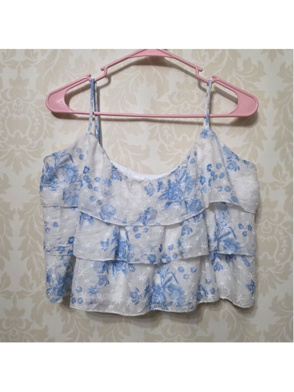 Women's Altar'd State Baby Blue Floral Ruffle Camisole Top Coquette Romantic Lg